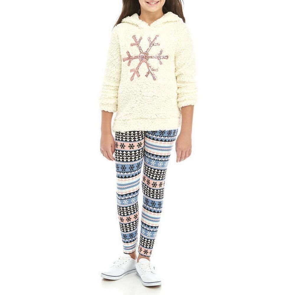 Girls 14 16 2 Piece Outfit Set Sherpa Hoodie Sweatshirt and Leggings Snowflake